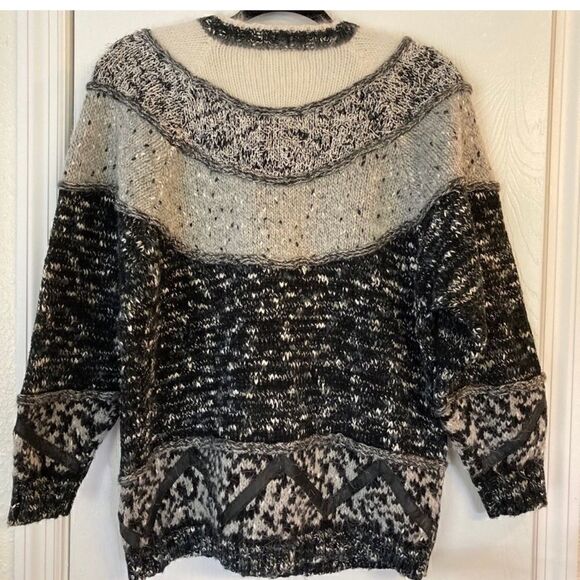 Susann D- Vintage Wool Blend Sweater with Shoulder Pads and Faux Leather Detail - Picture 2 of 4